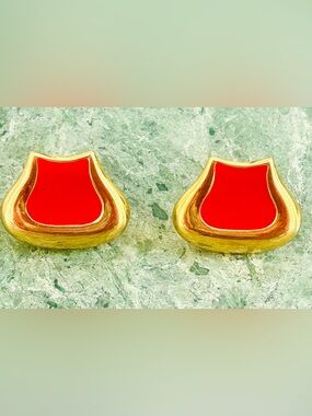 Vintage Monet Red Enamel Gold Tone Clip-OnEarrings 70- 80s Statement